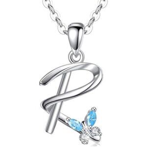 Letter silver - R Silver Butterfly Initial Elegant Necklace 18"